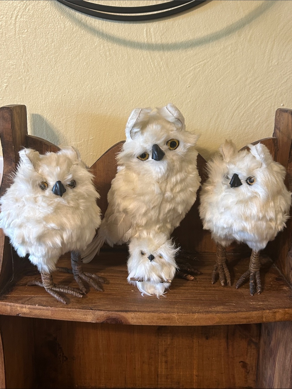 Set of 4 White Snowy Owl Figurines - Foam Faux Fur & Real Feathers
